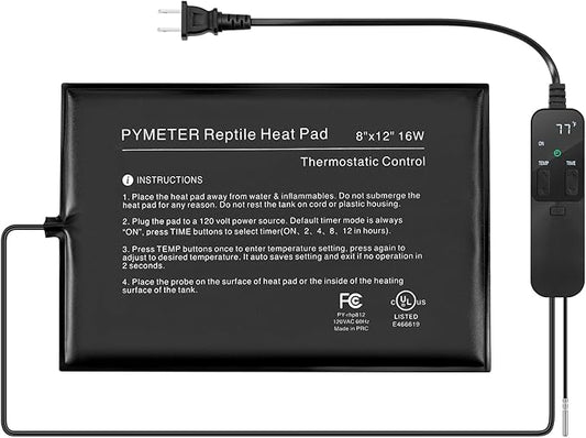 Reptile Heating Pad with PID Thermostat & Timer, 8”x12” Under Tank Heater for Hermit Crab, Snake, Turtle, Lizard, Frog, Spider and Other Reptiles