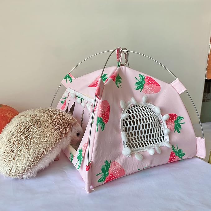 Portable Small Animal Tents House Cave Habitat Hideout with Forest Hidey Curtain for Hamster/Mice/Gerbil Rats/Guinea Pigs Hedgehog Nest Cushion Beds (Pink)