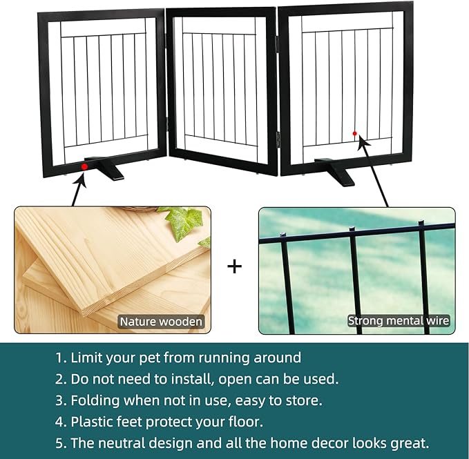 ZJSF Freestanding Dog Gate Indoor, Foldable Dog Fence for Doorways,Hallways or Stairs, Sturdy Wood Extra Wide Pet Gate with Support Feet,Black,24 "Height-3 Panels