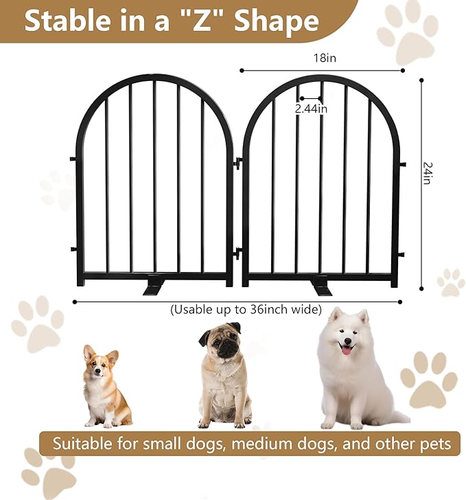 PUPETPO Full Metal Dog Gate for Indoor Outdoor, 24" Tall Free Standing Pet Dog Fence, 36" Wide Arched Pet Gates for Stairs, Hallways, Doorways, Kitchen, Decks, Yards (Black, 2 Panels)