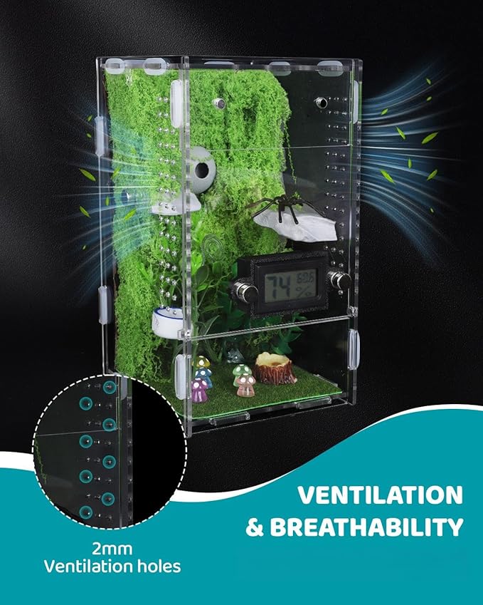 DIY Jumping Spider Enclosure, 4.7"x4.7"x7.9" Escape-Proof Spider Terrarium, Small Invertebrate Acrylic Accessories Set, with Temperature and Humidity Detector, Platform and Hide, Tweezer, Feeding Bowl