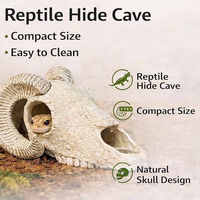 Reptile Hide Cave Decoration, Ram Skull Style Resin Shelter for Gecko, Lizard, Snake and Amphibian, Natural Habitat Decor for Small Reptiles