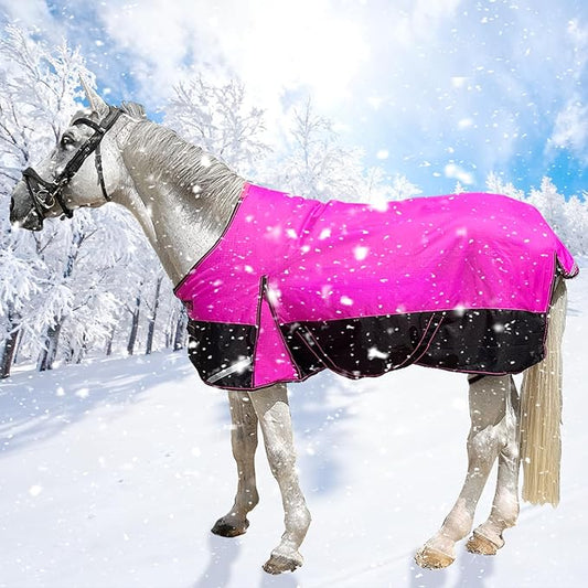 300g Fill 1200D Mid-Heavy Weight Winter Waterproof and Breathable Horse Blanket Belly Straps| Turnout Blankets with Reflective Strips (Hot Pink/Black, 72'')