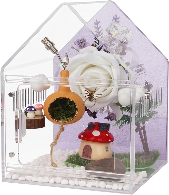 Magnetic Acrylic Spider Enclosure 5.3x5.3x7.3 Inch, House Shape Terrarium with Sparkling Purple Background for Jumping Spiders, Tarantula Slings & Mantis, Escape-Proof Habitat with Ventilation