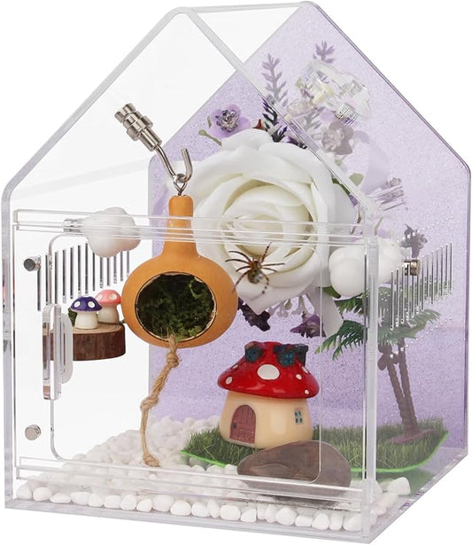 Magnetic Acrylic Spider Enclosure 5.3x5.3x7.3 Inch, House Shape Terrarium with Sparkling Purple Background for Jumping Spiders, Tarantula Slings & Mantis, Escape-Proof Habitat with Ventilation