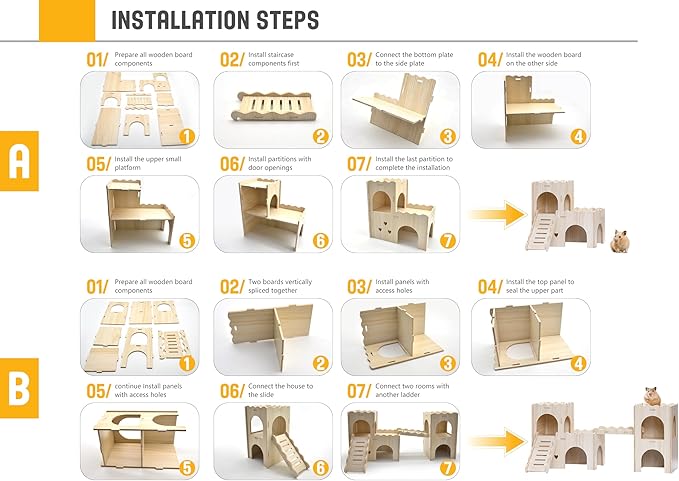 Large Wooden Hamster House Castle with Double Decker,Large Hamster, Wooden Hamster Houses,Dwarf Hamster Habitat Hideout with Climbing Ladder,Large Guinea Pig Castle Detachable Hideouts(B)