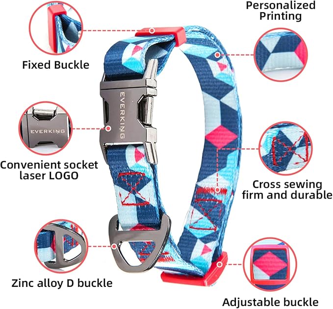 Everking Dog Leash and Collar Set with Metal Buckle, Suitable for Large Dogs Weighing 21-40kg,Memphis Geometric Pattern Design Style, Flexible Webbing, Nylon Handle, Adjustable (Iris, L)