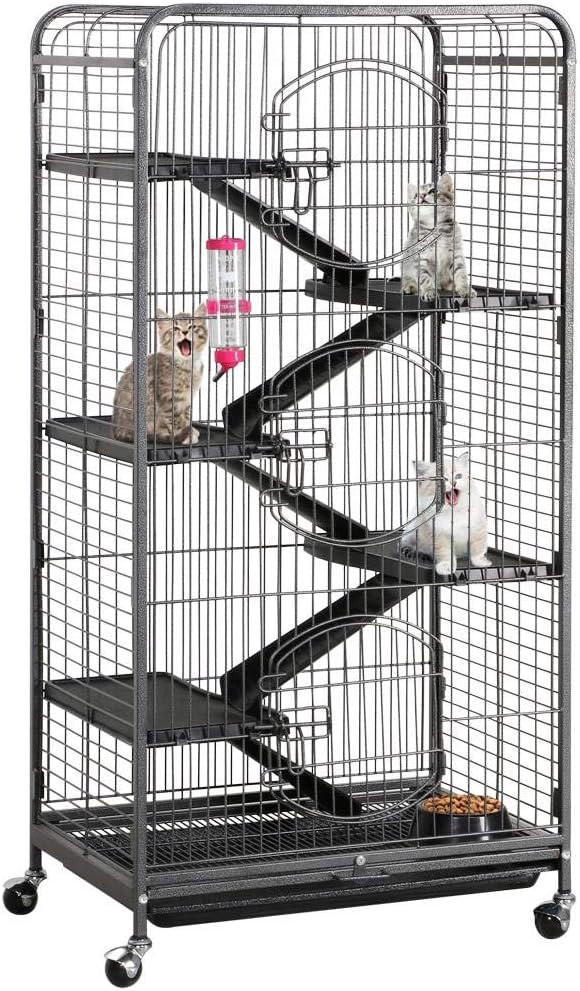 Metal 6 Levels Ferret Cage Playpen for Rabbit Chinchilla Squirrels w/3 Doors/Bowl/Water Bottle 25.2 x 16.9 x 51.6 Inch Black