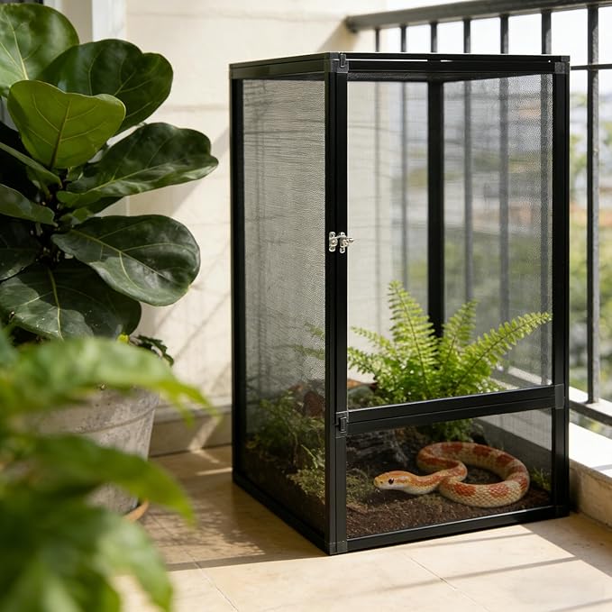 Reptile Terrarium Tall Reptile Tank Mesh Ventilation Durable Aluminum Frame Easy Assembly Micro Habitat Terrarium Enclosure for Chameleons Lizards/Iguanas Snakes Small Animals 17.7"x17.7"x31.5"