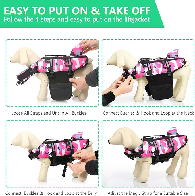 Queenmore Dog Life Jacket Pet Safety Vest High Buoyancy Camouflage Color Cute Shark with Strong Rescue Handle and Leash Ring for Boating, Canoeing, Surfing, Hunting