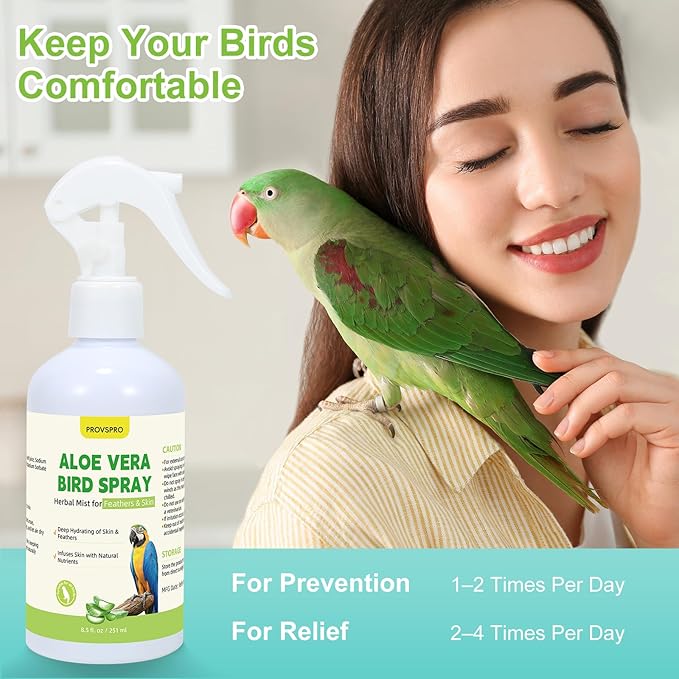 Aloe Vera Bird Spray, Moisturizes Feathers Soothes Dry Itchy Skin, Supports Molting Healthy Plumage, Prevent Feather Plucking Gentle Care, Safe Effective for Parrots Finches All Birds, Odor-Free
