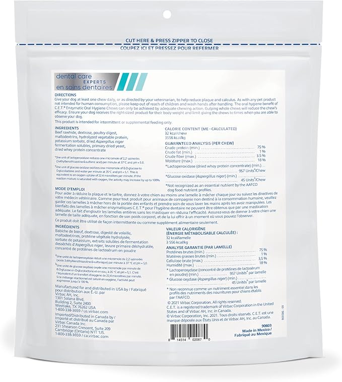 Virbac C.E.T.® Enzymatic Oral Hygiene Chews for Dogs, Small - Plaque & Tartar Control - Single Layer Beefhide with Exclusive Dual-Enzyme System & Tasty Chicken Flavor - Easy to Give Dog Dental Chew