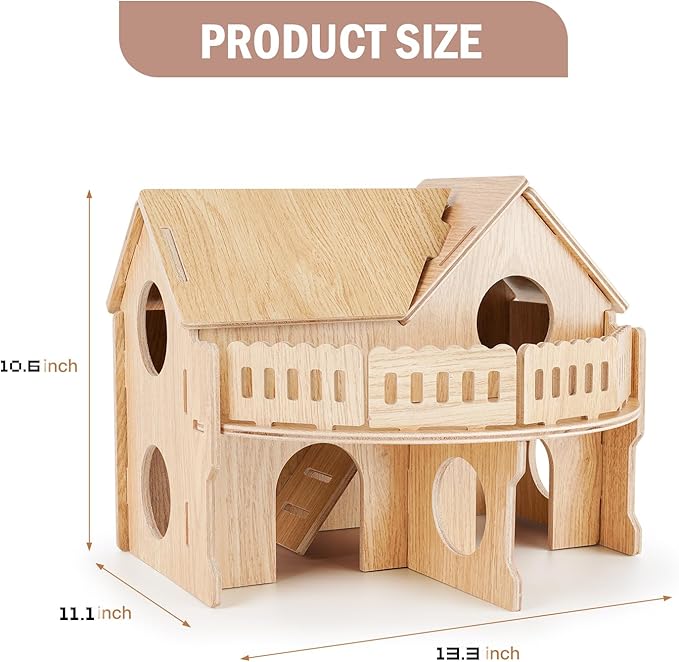 Wooden Hamster Cage, Hamster Habitat for Syrian, Dwarf Gerbils, Mice, Lemmings, Degus or Other Small Pets (13.3 x 11.1 x 10.6 inches)