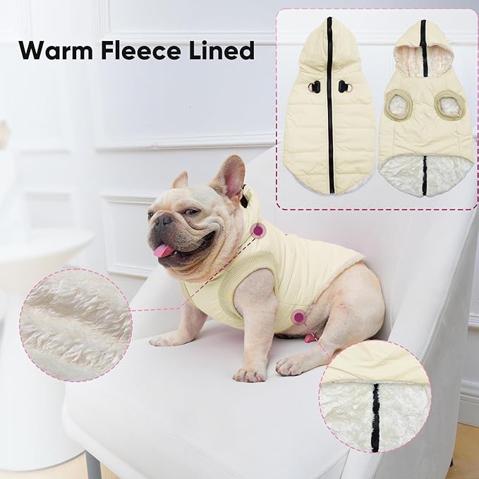 Vecomfy Fleece Lining Dog Hoodie with Harness Built in,Extra Warm Small Dog Jacket in Winter Puppy Coats with Hooded,Light Yellow M