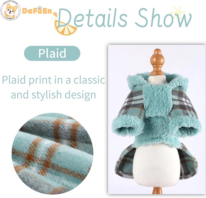 Dog Hoodie Dress Winter Pet Sweaters for Small Dogs Girl Cold Weather Warm Puppy Dresses Plaid Pet Clothes Outfits for Chihuahua Yorkie Teacup Cat Skirt Coat Apparel Clothing (X-Small, Blue)