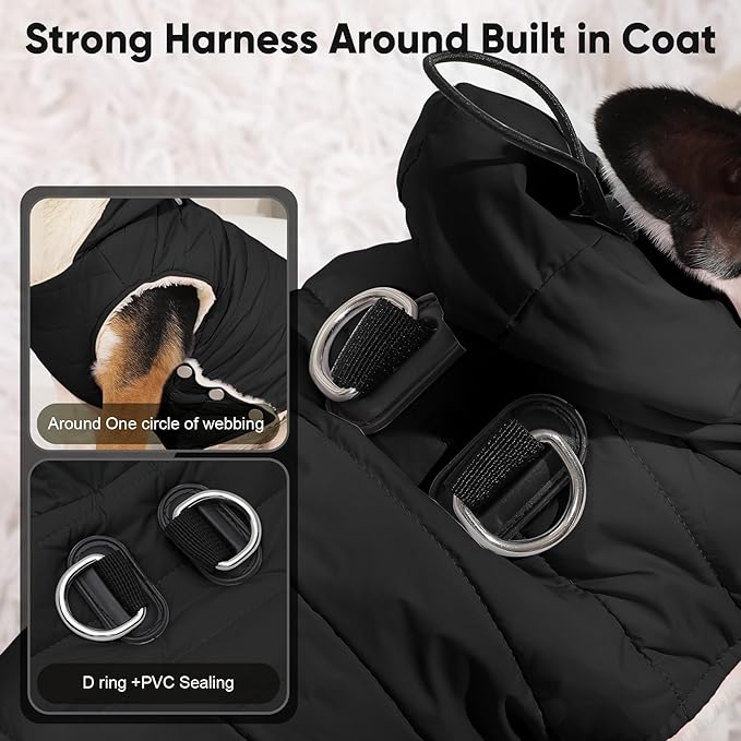 Vecomfy Fleece Lining Dog Hoodie with Harness Built in,Extra Warm Small Dog Jacket in Winter Puppy Coats with Drawstring Hooded,Black S