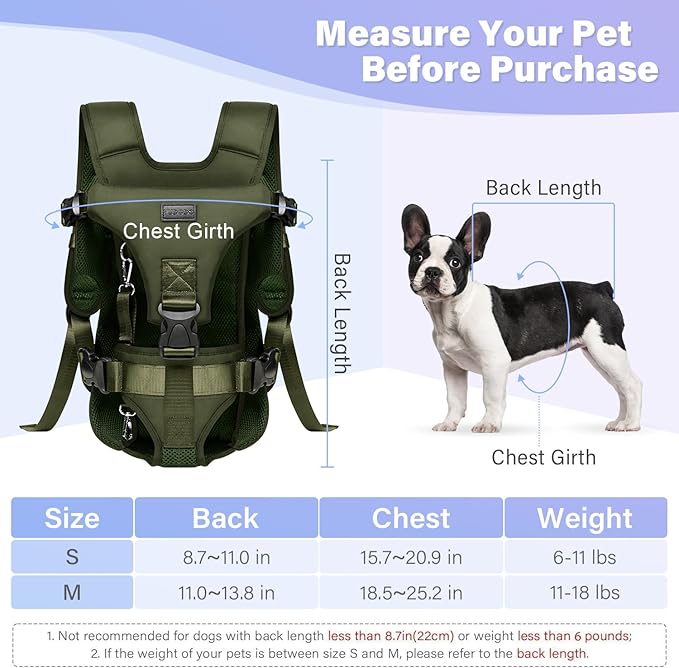 YUDODO Front Pet Carrier Backpack for Small Dogs and Cats, Secure and Breathable Mesh, Ergonomic Support, Adjustable for Walking, Hiking, or Travel (Army Green M)