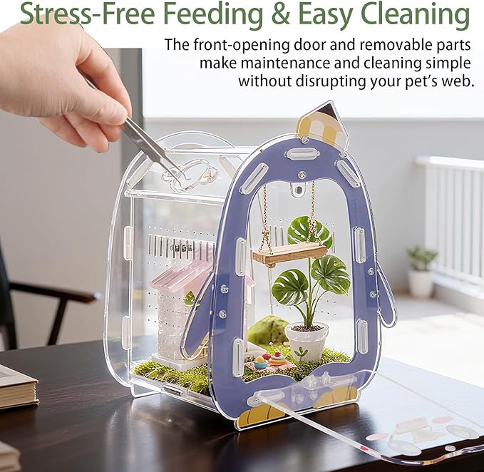 Jumping Spider Enclosure, Penguin Style Small Spider Terrarium with Magnetic Feeding Hole, Escape-Proof Habitat for Tarantula, Mantis, Beetle