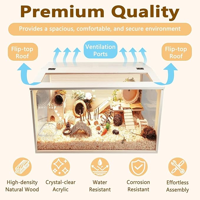 PROLEE Hamster Cage with Chewproof Wood Top, Guinea Pig Cages, Hamster Habitat with Clear Acrylic Sheets Solid Built, Small Animal Cage (Oak, 32X15.5X15.5 inch)