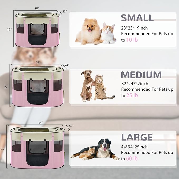 Large Dog Cat Playpen Crate with Waterproof Pad,Portable Collapsible Pet Dog Cat Kennel Cage Tent,Suitable for Indoor Outdoor Travel Camping,Water-Resistant Breathable Shade Cover (Pink L)