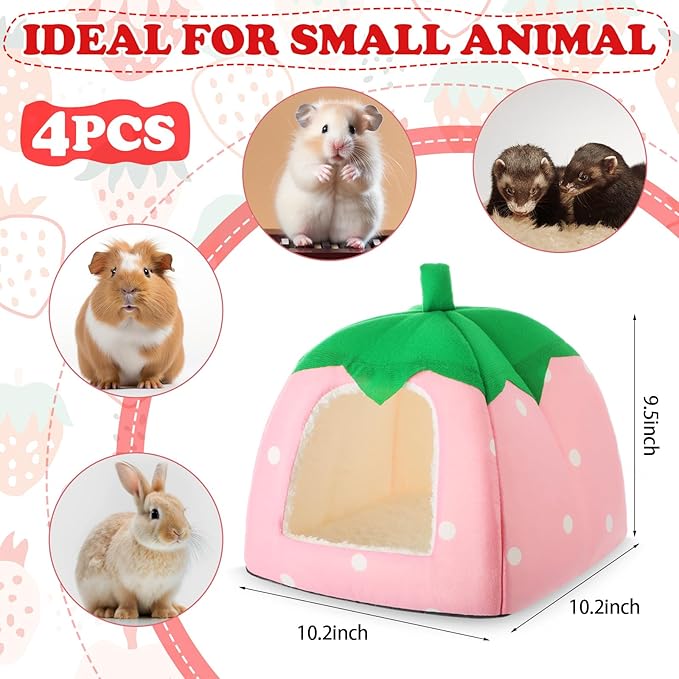 Novabright 4 Pack Guinea Pig Hideout Bed Dwarf Rabbit Bed Sleeping Fleece House Washable Cave Cage Accessories for Little Bunny Ferret Chinchilla Hedgehog (10.2x10.2x9.5 Inches,Fruit Style)