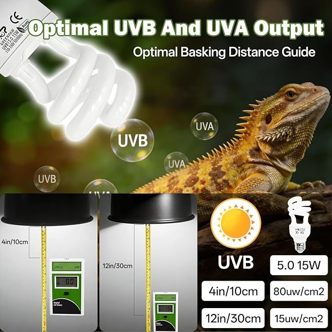 UVB Reptile Light 5.0: 15W Tropical & Subtropical UVA UVB Reptile Light Bulb, UVB Light for Reptiles Compact Fluorescent Terrarium Lamp,UVB Bulb for Chameleon Turtle Gecko Snake Include UV Sensor Card