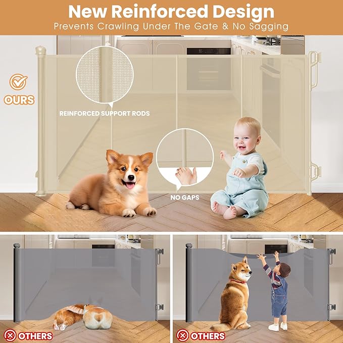 Spaceany Reinforced Retractable Baby Gate or Mesh Dog Gate,Easy to Use for Stairs, Doorways, Hallways, Indoor, Outdoor, Wide Pet Gate 33.5" Tall, Extends to 45" Wide, Cream