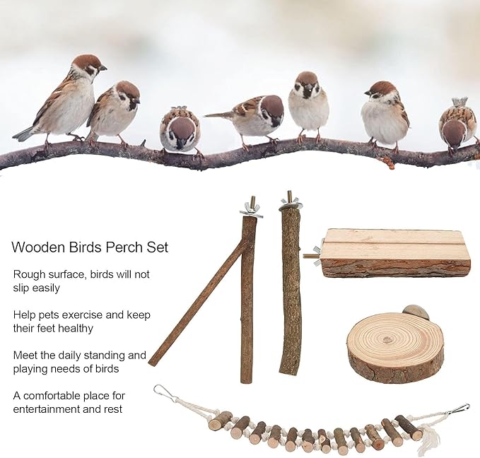 5 Piece Bird Perch Set,Wooden Bird Perches Set with Standing Grinding terrace and Swing - Secure Bird Cage Accessories