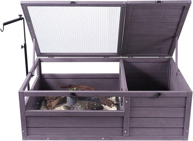 VEVOR Tortoise Habitat, Cedar Wooden Tortoise House Indoor & Outdoor, Tortoise Enclosure with Adjustable Lamp Holder, 2-Room Reptile Enclosure Small Animal Cage for Gecko, Lizard, Snake 38x24x13 inch