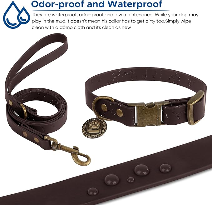 Wisedog Waterproof Dog Collar and Leash Set, Adjustable Puppy Collar with Cute Tag 5FT Dog Leash with Poop Bag for Small Medium Large Dogs (L, Brown)