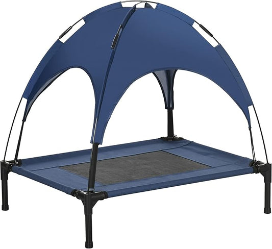 PawHut Elevated Dog Bed with Removable Canopy, Outdoor Dog Cot with UV Protection Canopy Shade, 30 inch Pet Bed for Camping, Dark Blue