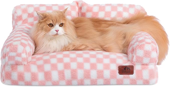Hollypet Fluffy Dog Cat Bed Pet Couch Beds Plush Soft Warming Washable Puppy Bed for Small Medium Dogs and Large Cats, Pink and White, 24" L x 18" W x 10" Th