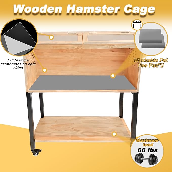 Hamster Cage with Storage, Wooden Hamster Cage, Pine, Guinea Pig Cages, 31.5"L x 15.7"W x 38.0"H, 2 Tiers Movable Large Hamster Cages with Storage Shelf for Guinea Pig, Chinchilla, Rat, Bunny, etc.