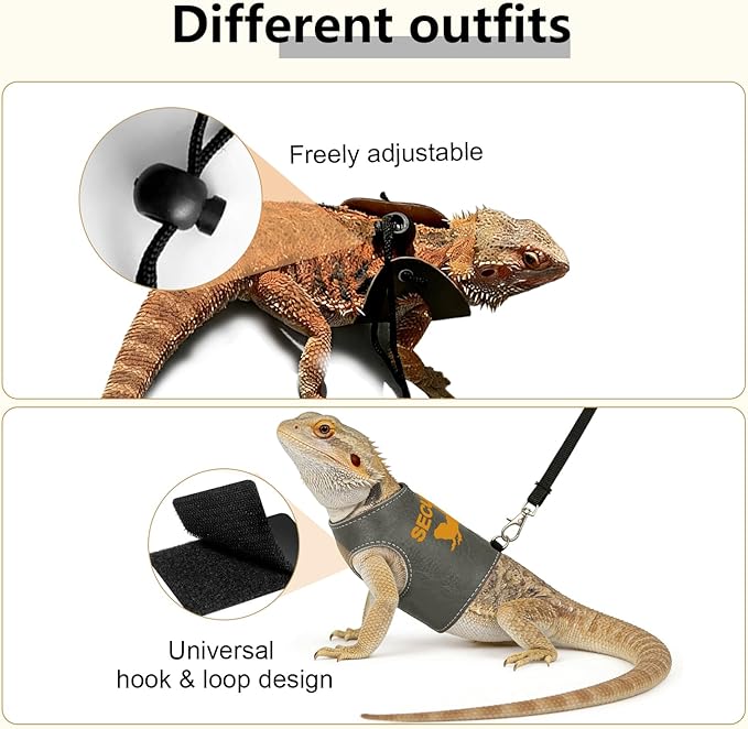 Bearded Dragon Carrier Backpack with Security Printing Harness Leash and 3-Sized Harness Set, Reptile Lizard Travel Guinea Pig Bunny Kitten Travel Carry Bag to Transport (Grey, PU Leather)
