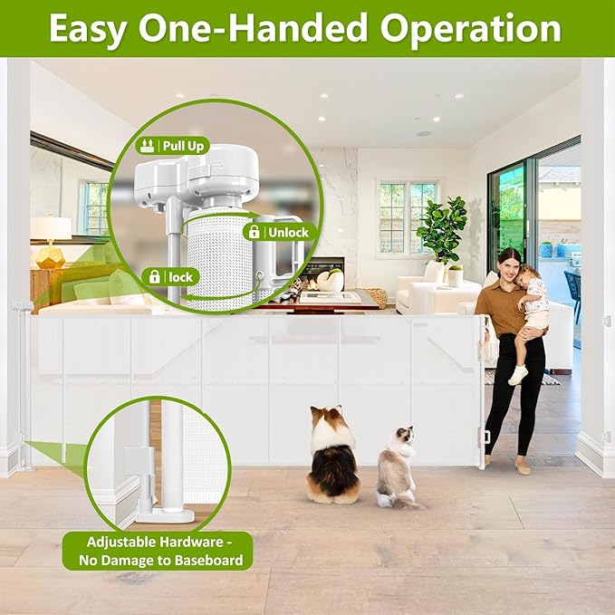 Reinforced 42" Tall x 195" Extra Wide Retractable Baby Gate with Support Rods - Prevent Crawling Under, Extra Large Baby Gate Retractable Dog Gate Indoor Tall Dog Gate Outdoor Gates for Decks, White