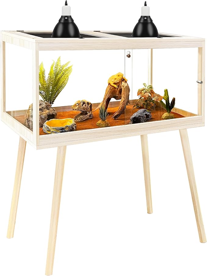 PROLEE Reptile Enclosure with Leg, 65 Gallons Bearded Dragon Tank, Tempered Glass Lizard Tank with Metal Mesh Tops and Lockable Door, Spacious Reptile Habitat for Snake,Lizard (Oak)