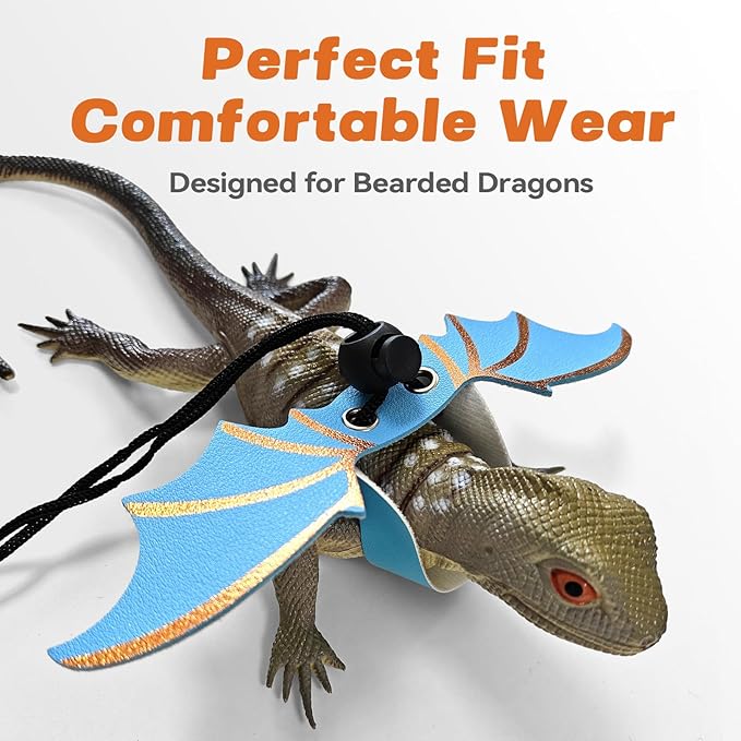Dinosaur Wing Leash Harness for Bearded Dragons - 3-Size Adjustable Reptile Harness Set, Safe Escape-Proof Design for Lizards, Geckos, Iguanas & Small Pets (Blue)
