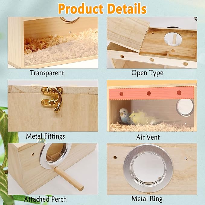 kathson Transparent Parakeet Nesting Box Parakeet Breeding Box Bird Nest with Perch Wooden Acrylic Bird House for Cage Nest for Parrot Lovebirds Cockatiel Conure Budgie and Other Small Medium Birds(L)