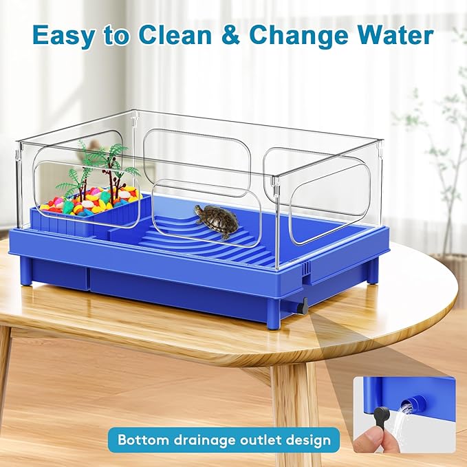 Blue Turtle Tank, Small Aquarium with Basking Platform, Basking, Feeding & Swimming Areas for Small Turtles