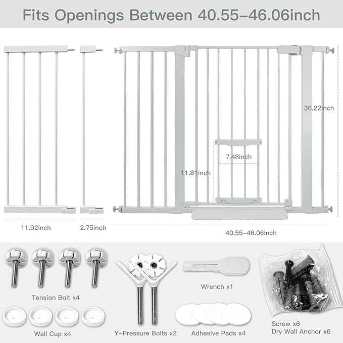SHYUJAJIE 37 Inch Tall Baby Gate with Small Cat Door, Adjustable 29.55" and 46.06", Auto Close Safety Child Gate for Stairs, Doorway, House, Pressure Mounted