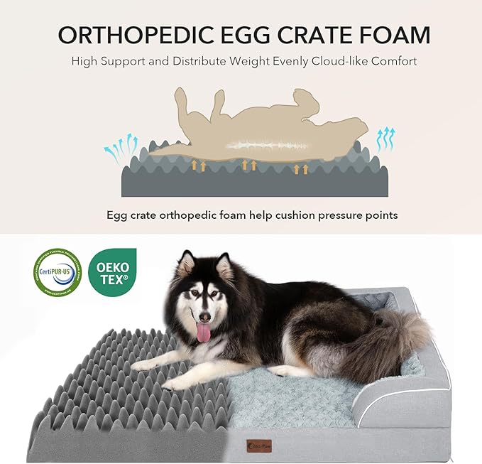 Orthopedic Dog Beds for Extra Large Sized Dogs, Waterproof Memory Foam XL Pet Bed with Sides 48x30Inch, Non-Slip and Egg-Crate Foam Big Dog Couch Bed with Removable Washable Cover, Light Grey