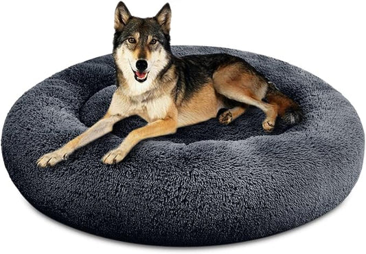 SAVFOX 45 inches Calming Donut Dog Bed - 3X Durable Plush Faux Fur, Machine Washable & Non-Slip, Fits up to 150 lbs, Dark Grey