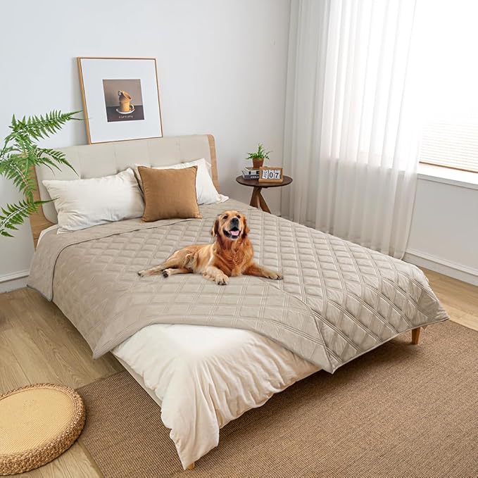 fuguitex Waterproof Dog Blanket Reversible for Small Dogs Resistant Leakproof Washable Couch Cushion Bed Protector Cover for Indoor Furniture Pet Friendly（82"*82",Brown+Khaki+Khaki