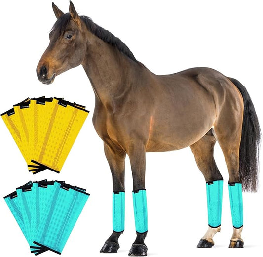 FOXLVDA Horse Fly Boots - Fly Boots for Horses Set of 8, Comfortable Horse Leggings, Mesh Material Design with Metal Support Bars for Reduces Stomping & Leg Fatigue (Green-Yellow, Large)