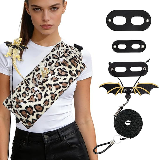 Bearded Dragon Leash and Carrier Sling, Super Soft Lizard Carrying Pouch, Adjustable Leather Wings Beardie Harness, Reptile Small Pet Snuggle Sling Bag Accessories for Outdoor Travel Walking Rest