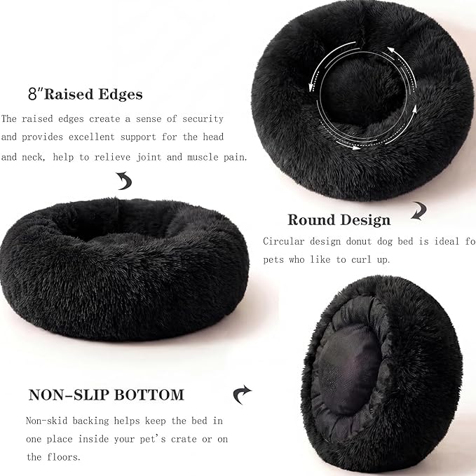 Calming Donut Dogs Beds for Medium Dogs up to 45 lb,30inch Anti-Slip Plush Round Dog Bed with Raised Rim,Fluffy Faux Fur Pet Bed for Cozy Sleep,Black
