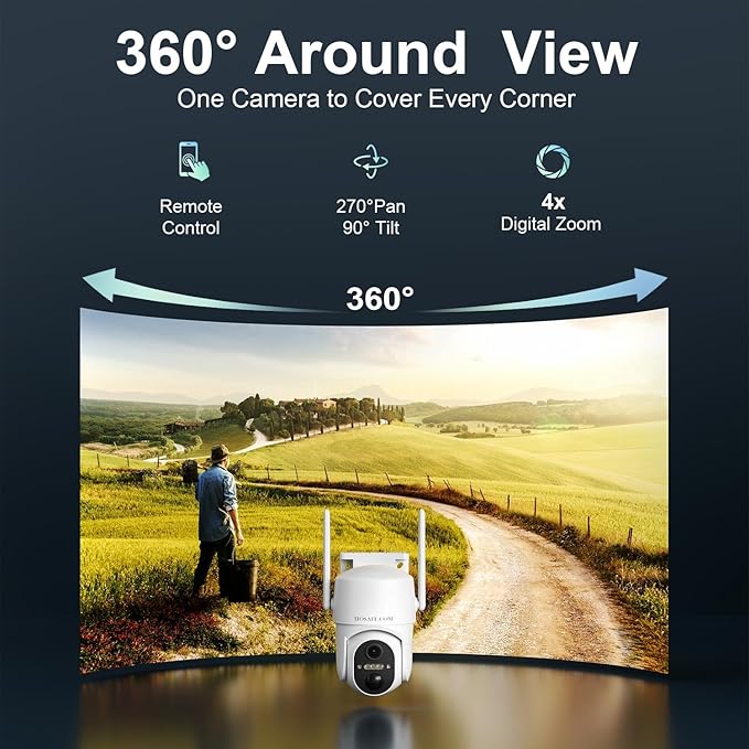 HOSAFE.COM 4G LTE Cellular Security Camera Wireless Solar Powered, No WiFi Security Camera Outdoor, 2K PTZ 360° Color Night Vision, SIM Card Included, IP66 Waterproof for Farm Barn Jobsite Off-Grid