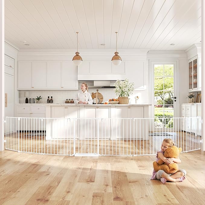 190" Extra Wide Baby Gate Playpen, Adjustable Baby Fence Play Yard, Long Dog Gates Indoor for Stair Doorway Fireplace, Large Child Gate for Toddler Kid Pet, Family Essentials Safty Gate, White