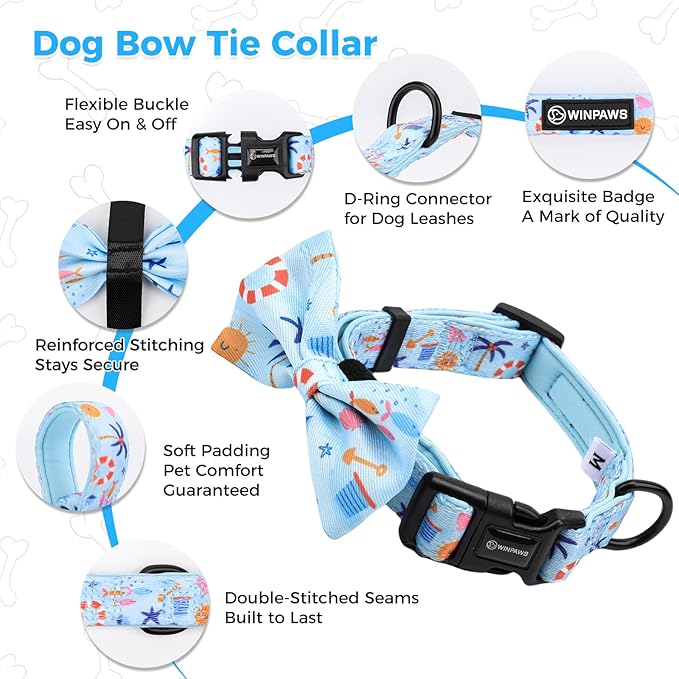 Dog Harness and Lead, Bow Tie Collar Set with Dog Poop Bag Holder and Bandanas, Escape Proof Adjustable Puppy Cat Vest with Soft Mesh Padded, Pet Supplies for Small Medium Dogs Kitten(Blue Beach, S)