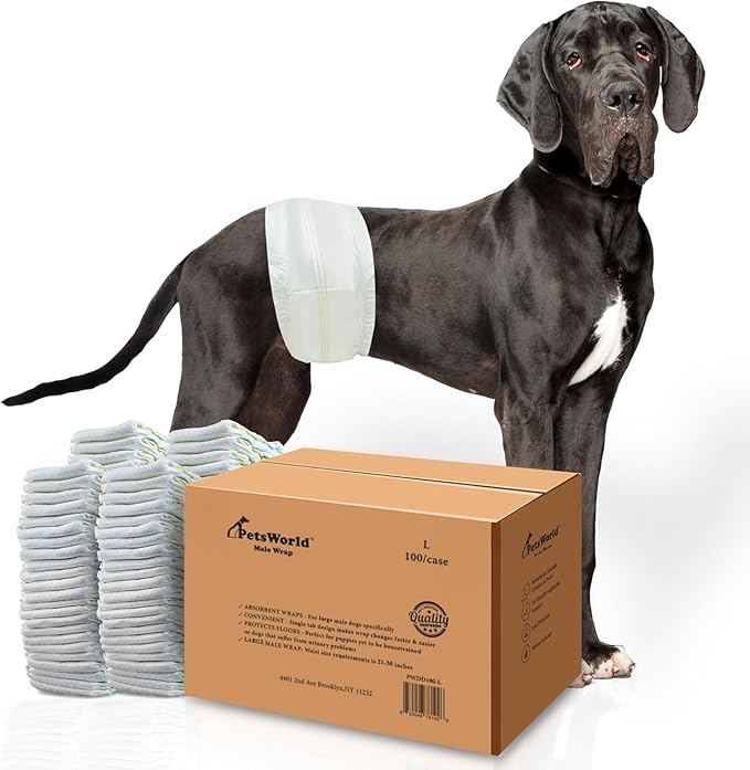 PetsWorld Dog Diapers Male Large 400 Count Disposable Male Dog Wraps – Super Absorbent Belly Bands with Wetness Indicator, Fur-Friendly Adjustable Fit for Incontinence & Training (Waist 21–30 in)